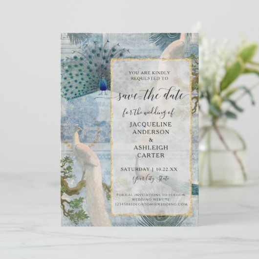 Elegant  Peacock Birds Gold Glitter Script Save The Date (Staand voorkant)