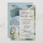 Elegant  Peacock Birds Gold Glitter Script Save The Date<br><div class="desc">"Foto, Elegant Peacock Birds Gold Glitter Script Save the Date." Elegant, velum overlay look die in dun gedempt goud is geschetst, is boven aan een moderne collage van antiek botanische kunstwerken afbeeldingen en ephemera in zachte blauwe en groene ogen. Uw foto van het verloving is gemakkelijk om aan de achterkant...</div>