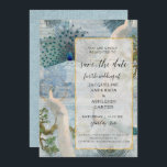 Elegant  Peacock Birds Gold Glitter Script Save The Date<br><div class="desc">"Foto, Elegant Peacock Birds Gold Glitter Script Save the Date." Elegant, velum overlay look die in dun gedempt goud is geschetst, is boven aan een moderne collage van antiek botanische kunstwerken afbeeldingen en ephemera in zachte blauwe en groene ogen. Uw foto van het verloving is gemakkelijk om aan de achterkant...</div>