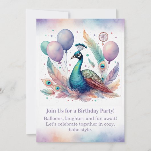 Elegant Peacock Birthday Invitation  Boho  Kaart (Voorkant)