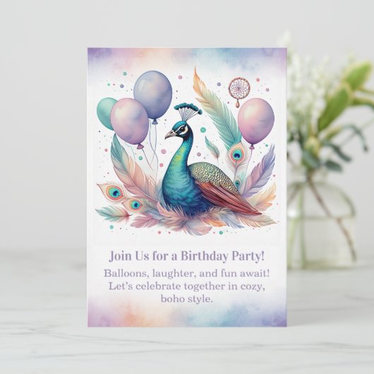Elegant Peacock Birthday Invitation Boho Kaart (Staand voorkant)