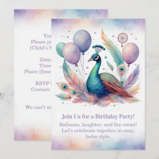 Elegant Peacock Birthday Invitation Boho Kaart (Voorkant / Achterkant)