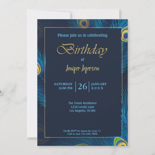 Elegant Peacock Birthday Uitnodiging (Voorkant)