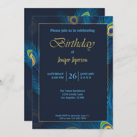 Elegant Peacock Birthday Uitnodiging (Voorkant / Achterkant)