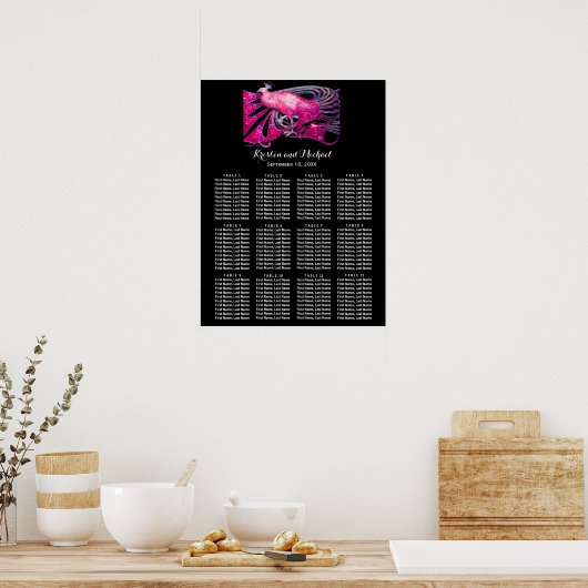 ELEGANT PEACOCK Black Pink Pink Wedding Seating Ch Poster (Keuken)