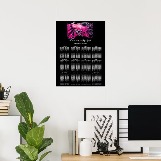 ELEGANT PEACOCK Black Pink Pink Wedding Seating Ch Poster (Thuiskantoor)