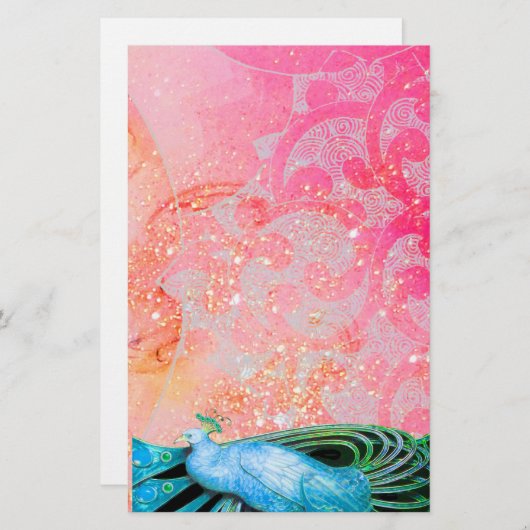 ELEGANT PEACOCK, BLAUWGROEN BLAUWE PINKFUCHSIA BRIEFPAPIER (Voorkant / Achterkant)