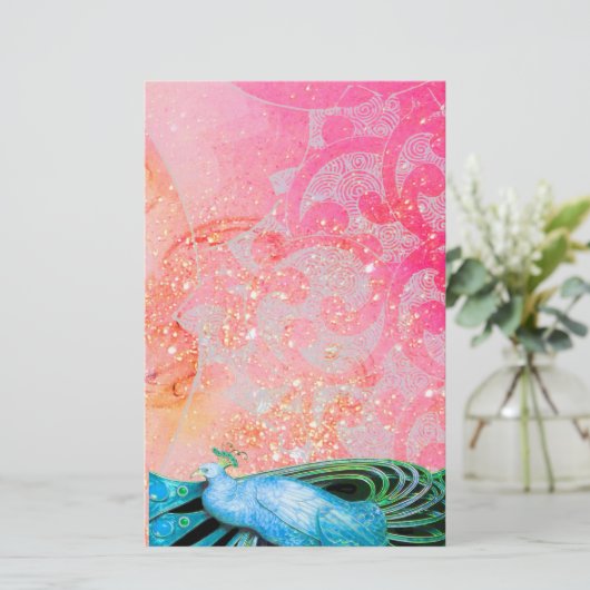 ELEGANT PEACOCK, BLAUWGROEN BLAUWE PINKFUCHSIA BRIEFPAPIER (Staand voorkant)