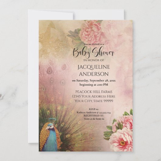 Elegant Peacock Blush Peony Flowers Baby shower Kaart (Voorkant)