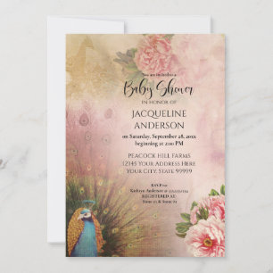 Elegant Peacock Blush Peony Flowers Baby shower Kaart