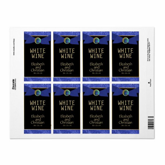 Elegant Peacock Button & Bow Wedding Wine Labels (Full Sheet)