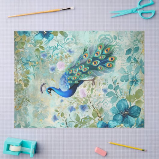 Elegant Peacock Distressed Blue Floral Tissuepapier (Craft)