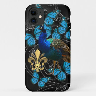 Elegant Peacock en blauwe vlinders op zwarte vlind Case-Mate iPhone Case