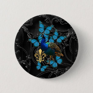 Elegant Peacock en blauwe vlinders op zwarte vlind Ronde Button 5,7 Cm