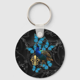 Elegant Peacock en blauwe vlinders op zwarte vlind Sleutelhanger