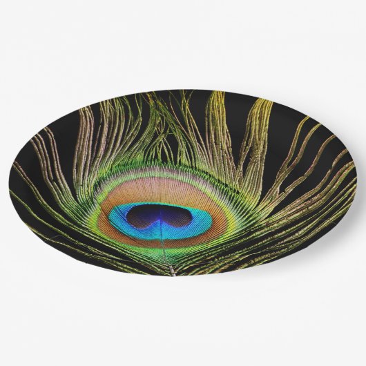 Elegant Peacock Feather Black Papieren Bordje (Gekanteld)