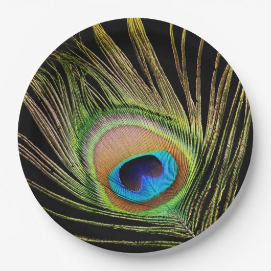 Elegant Peacock Feather Black Papieren Bordje (Voorkant)
