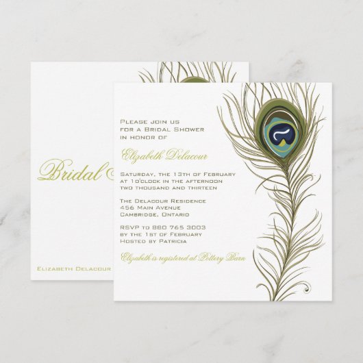 Elegant Peacock Feather Bridal Shower Invitation Kaart (Voorkant / Achterkant)