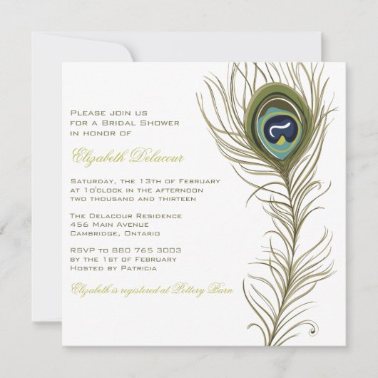 Elegant Peacock Feather Bridal Shower Invitation Kaart (Voorkant)