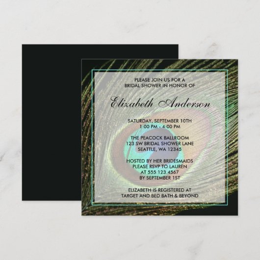 Elegant Peacock Feather Bridal Shower Invitations Kaart (Voorkant / Achterkant)
