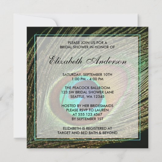 Elegant Peacock Feather Bridal Shower Invitations Kaart (Voorkant)