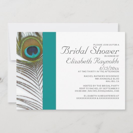 Elegant Peacock Feather Bridal Shower Invitations Kaart (Voorkant)