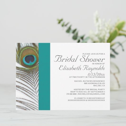 Elegant Peacock Feather Bridal Shower Invitations Kaart (Staand voorkant)