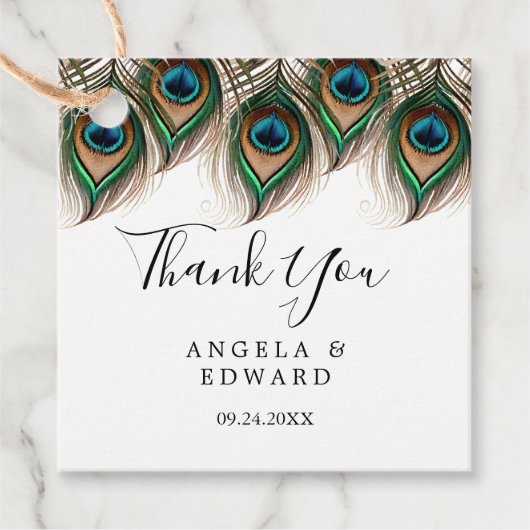 Elegant Peacock Feather Dank u Bedankjes Labels (Voorkant)