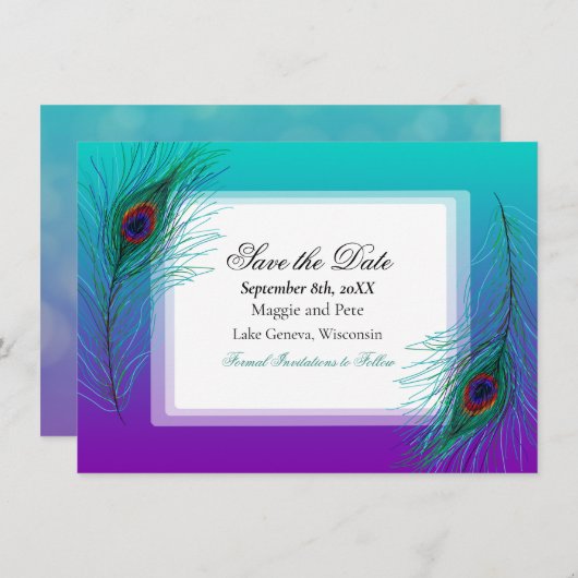 Elegant Peacock Feather Elegant Save the Date Kaart (Voorkant / Achterkant)