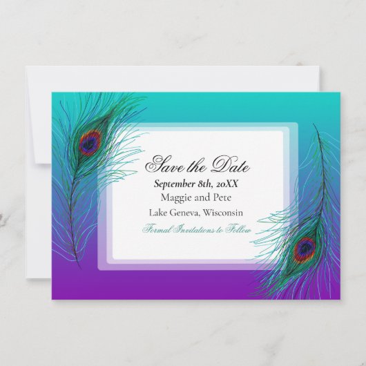Elegant Peacock Feather Elegant Save the Date Kaart (Voorkant)