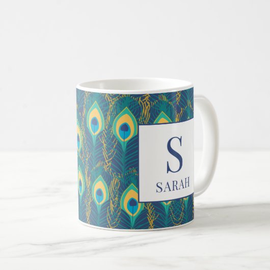 Elegant Peacock Feather Monogram Custom Name Mug Koffiemok (Voorkant rechts)