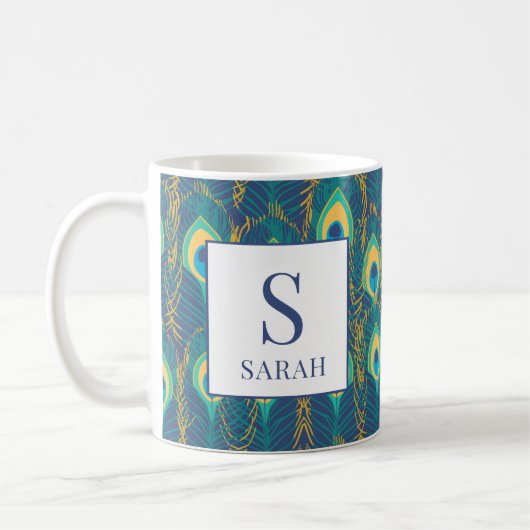 Elegant Peacock Feather Monogram Custom Name Mug Koffiemok (Links)