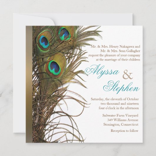 Elegant Peacock Feather Wedding Invitation 1 Kaart (Voorkant)