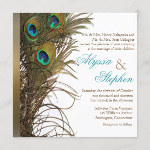 Elegant Peacock Feather Wedding Invitation 1 Kaart