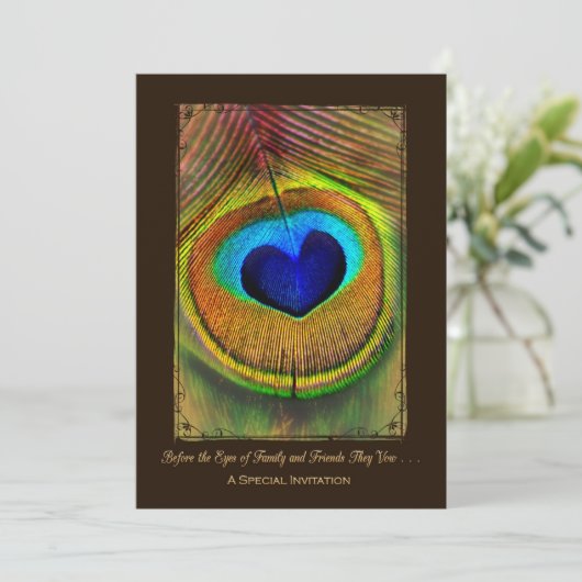 Elegant Peacock Feather Wedding Invitation Kaart (Staand voorkant)