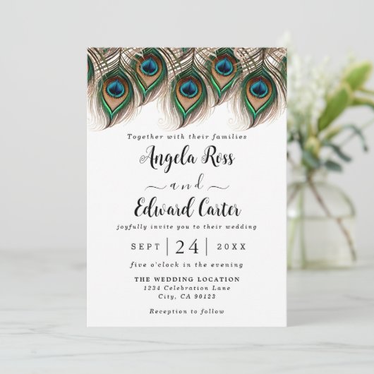 Elegant Peacock Feather Wedding Invitation Save The Date (Staand voorkant)