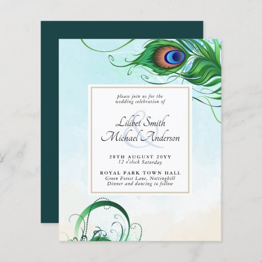 Elegant PEACOCK FEATHER Wedding Invite BUDGET (Voorkant / Achterkant)