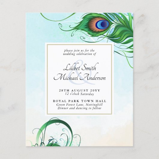 Elegant PEACOCK FEATHER Wedding Invite BUDGET (Voorkant)