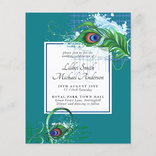 Elegant PEACOCK FEATHER Wedding Invite BUDGET (Voorkant)