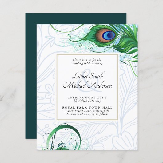 Elegant PEACOCK FEATHER Wedding Invite BUDGET (Voorkant / Achterkant)