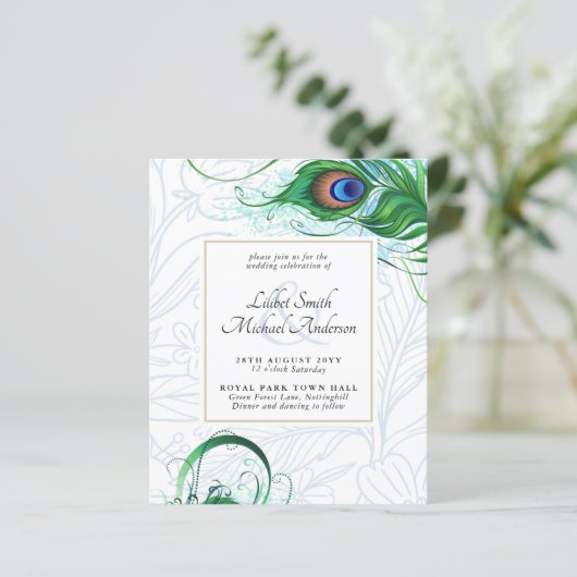 Elegant PEACOCK FEATHER Wedding Invite BUDGET (Staand voorkant)