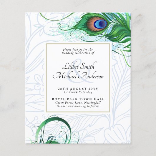 Elegant PEACOCK FEATHER Wedding Invite BUDGET (Voorkant)