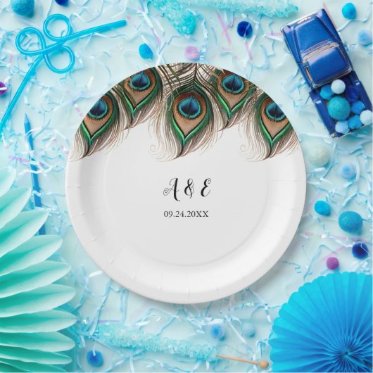 Elegant Peacock Feather Wedding Papieren Bordje (Feest)