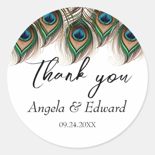 Elegant Peacock Feather Wedding Ronde Sticker (Voorkant)