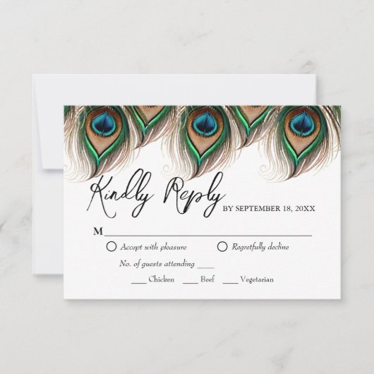 Elegant Peacock Feather Wedding RSVP Kaart (Voorkant)