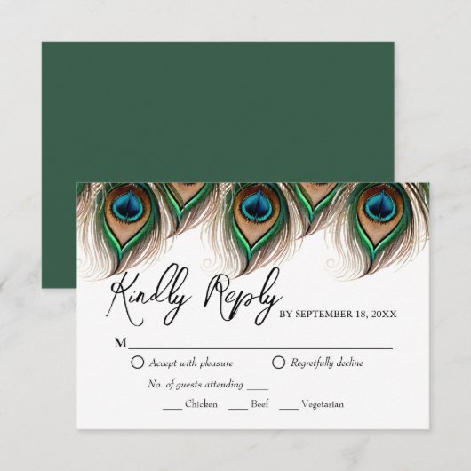 Elegant Peacock Feather Wedding RSVP Kaart (Voorkant / Achterkant)