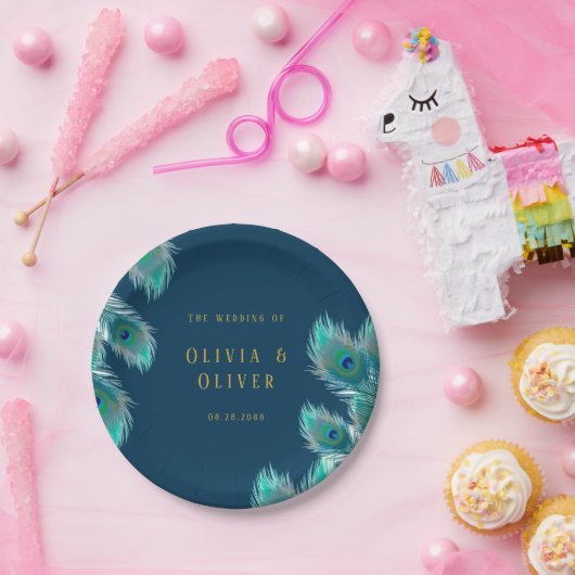Elegant Peacock Feathers and Gold Wedding Papieren Bordje (Feest)