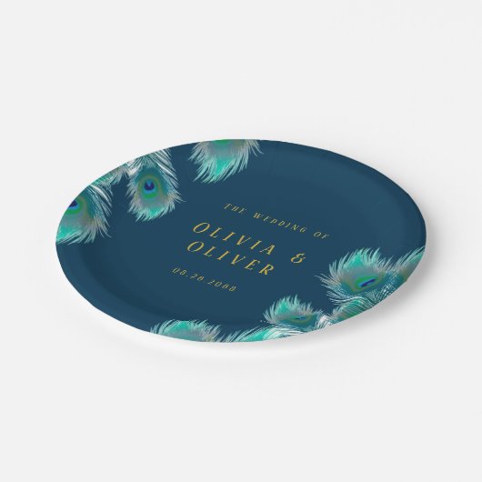 Elegant Peacock Feathers and Gold Wedding Papieren Bordje (Gekanteld)