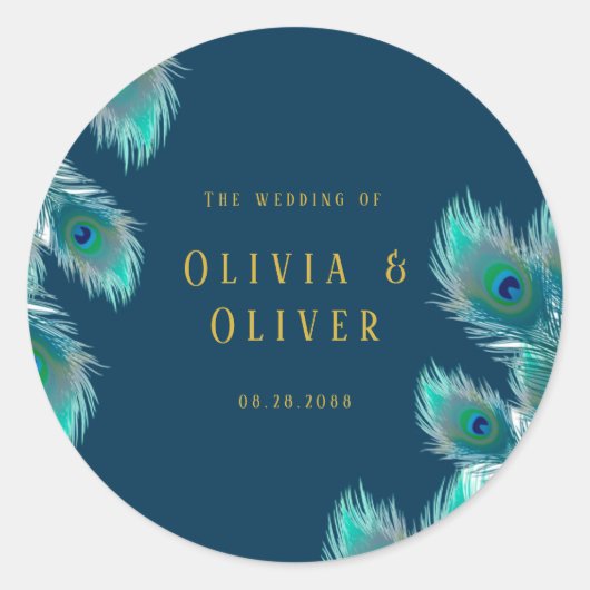 Elegant Peacock Feathers and Gold Wedding Ronde Sticker (Voorkant)