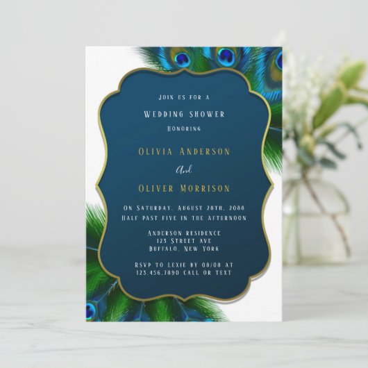 Elegant Peacock Feathers and Gold Wedding Shower I Kaart (Staand voorkant)